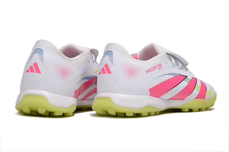 Chuteira Society Adidas Predator Elite Fold-Over Tongue TF - Branca, Rosa e Verde