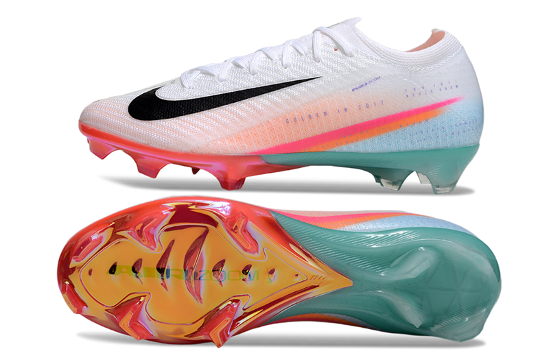 Chuteira Nike AIR Zoom Mercurial Vapor 16 Edição Especial Elite FG - Branca, Azul, Laranja e Rosa