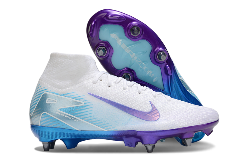 Chuteira Nike Zoom Mercurial SuperFly 10 Elite SG - Branca, Azul e Rosa