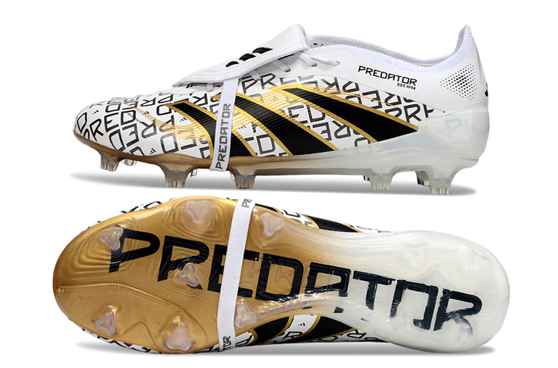 Chuteira Adidas Predator Elite Fold-Over Tongue FG - Branca, Dourada e Vermelha